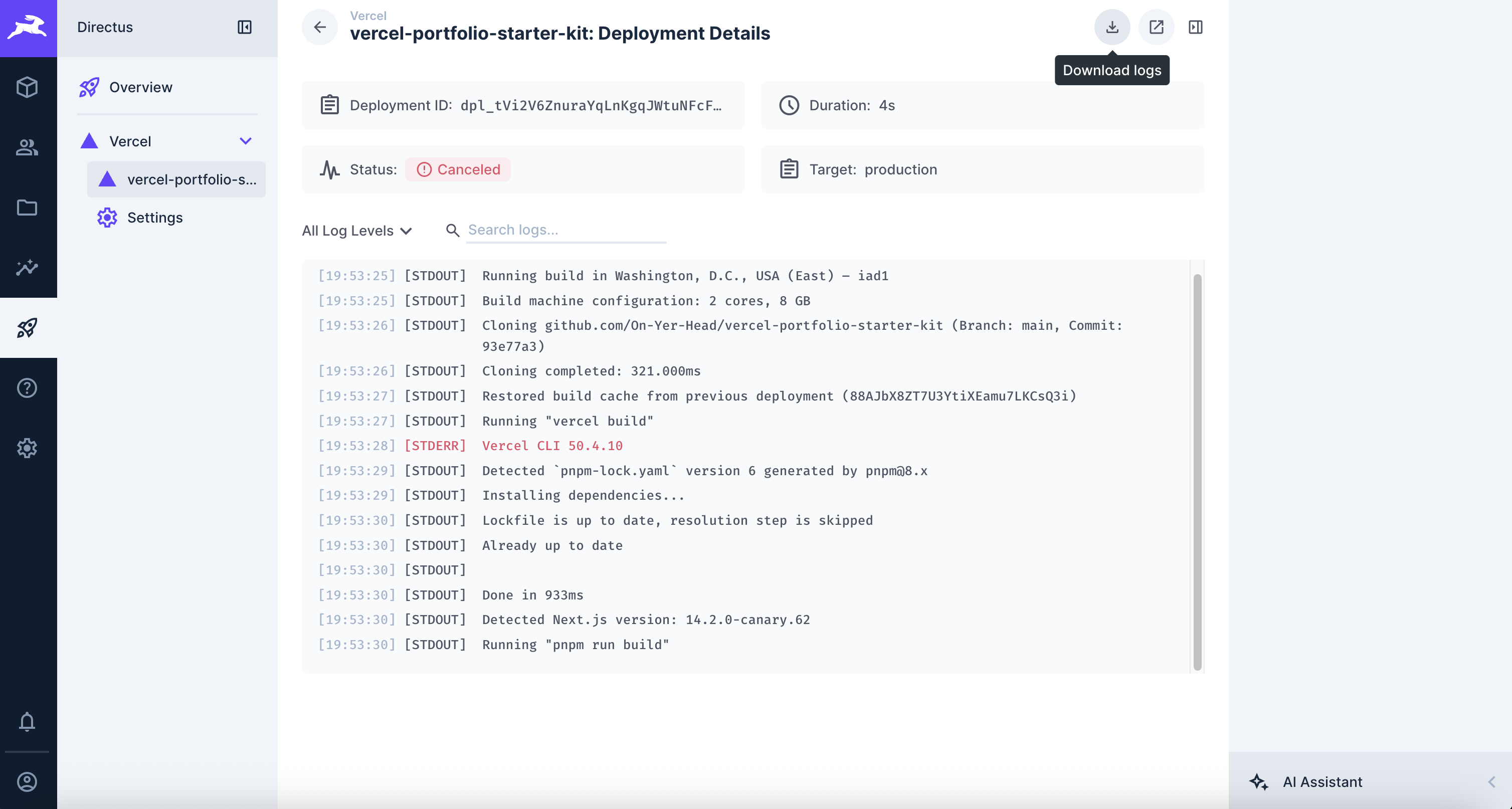 Vercel integration export logs