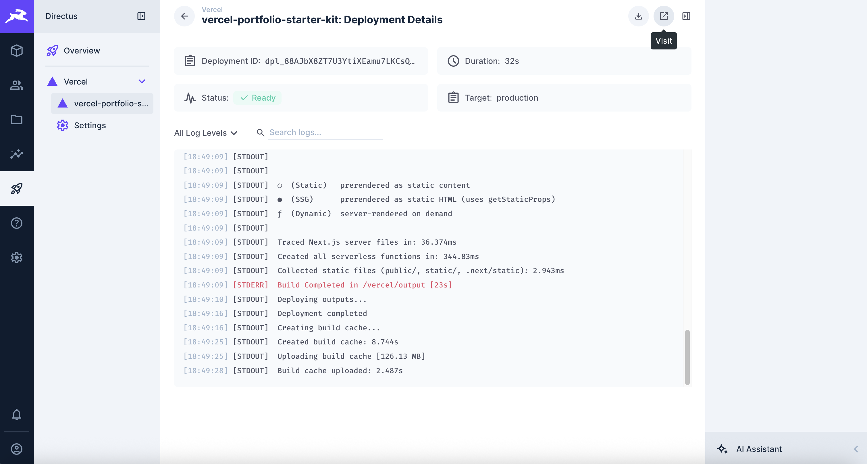 Vercel integration export logs